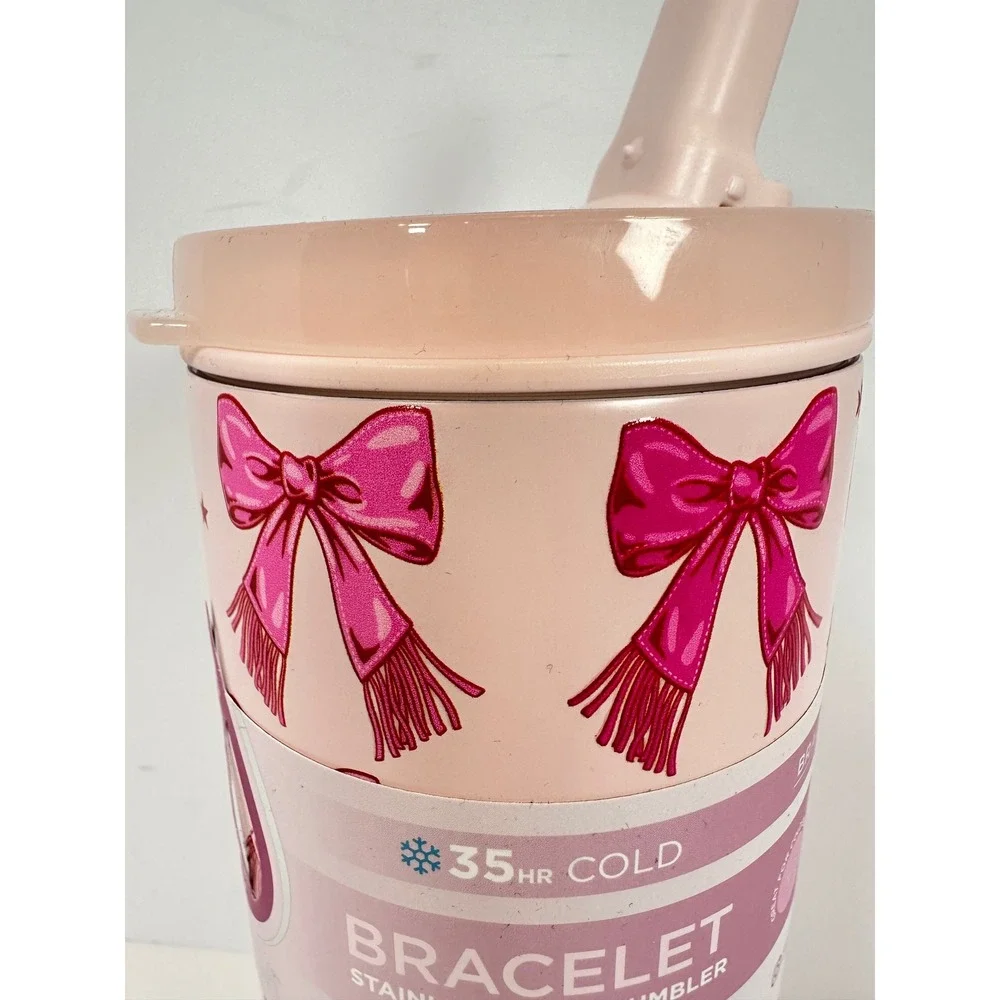 Manna Bracelet Tumbler Women 32oz‎ Pink NEW 3D Bow Stainless Steel Straw Handle